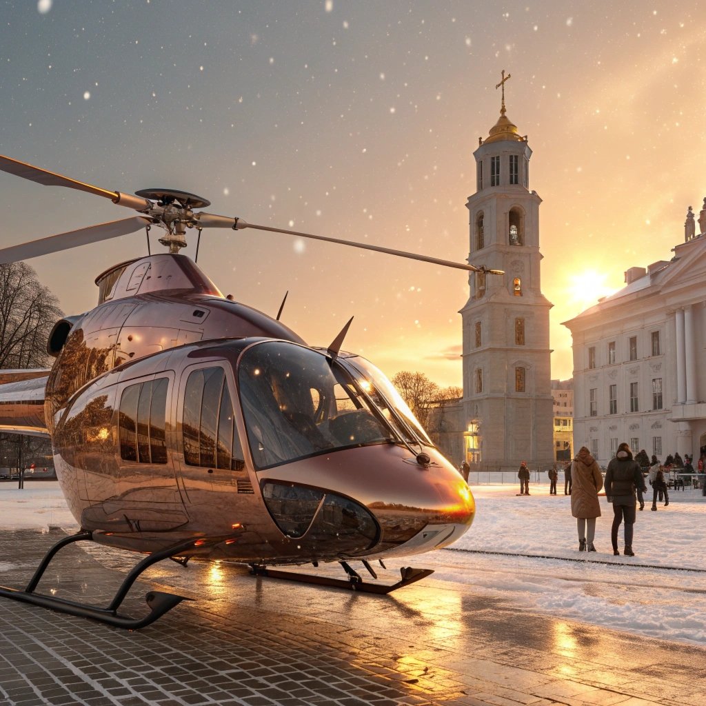 a futuristic ang glam golden double decker helicop